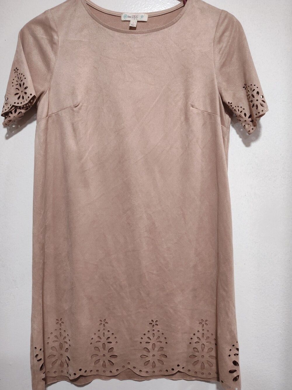 Love Fire Women Short Sleeve Pink Suede Dress  Stamp Flowers Size S